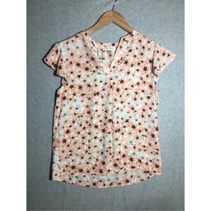 Womens Calvin Klein Blouse Pink Floral V Neck Business Casual Career Sheer